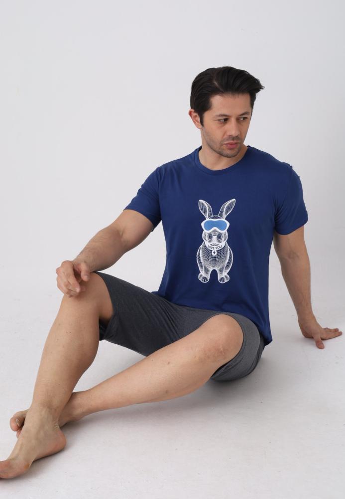 Pijama barbat cu maneca scurta si pantaloni 3/4, culoare bleumarin, Engros